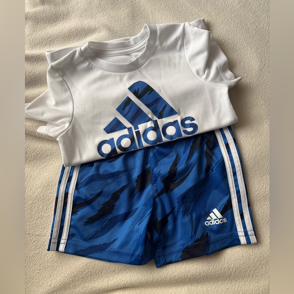 Adidas White Tee and Blue Patterned Shorts Set
